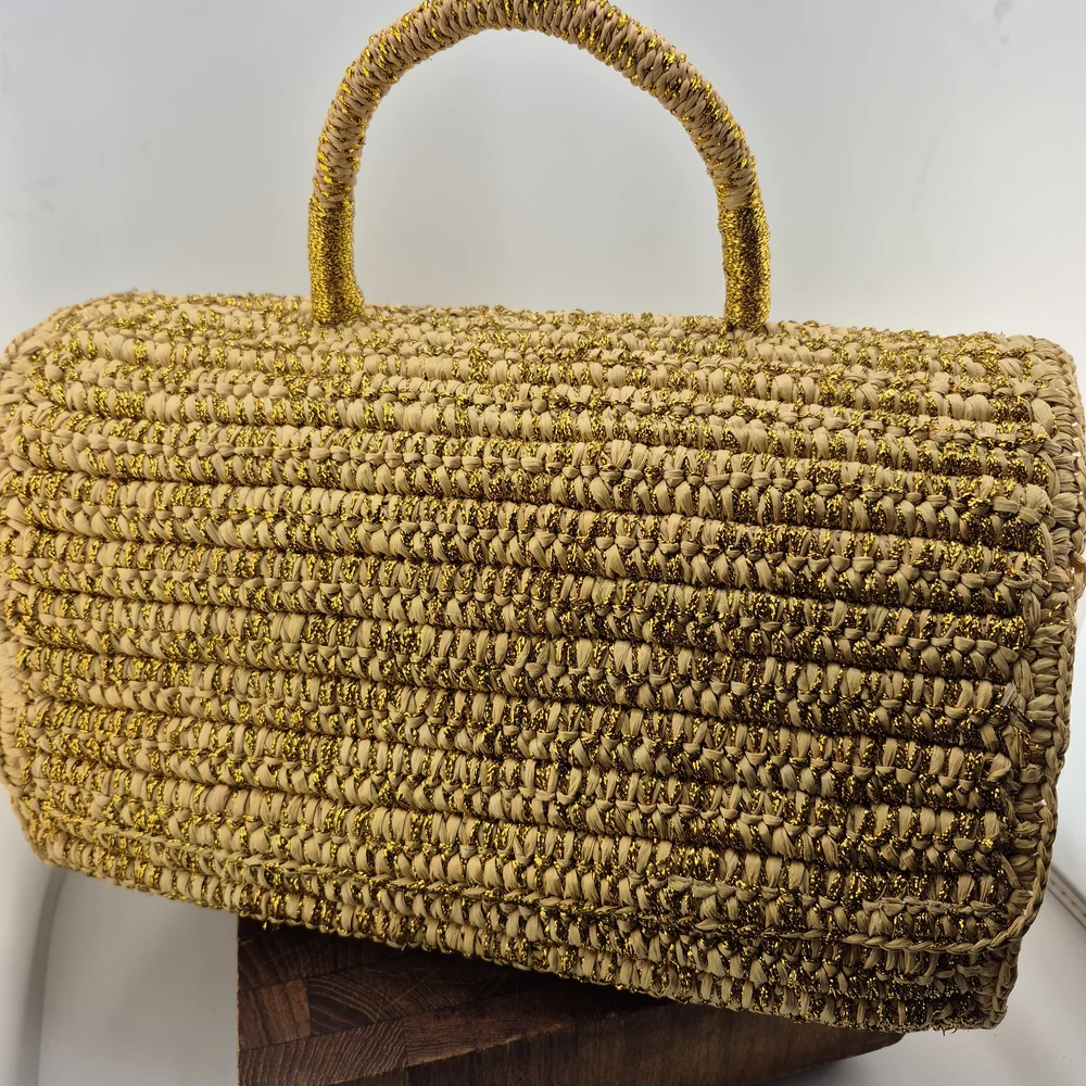 Woven Straw Top-Handle Bag in Gold and Cream